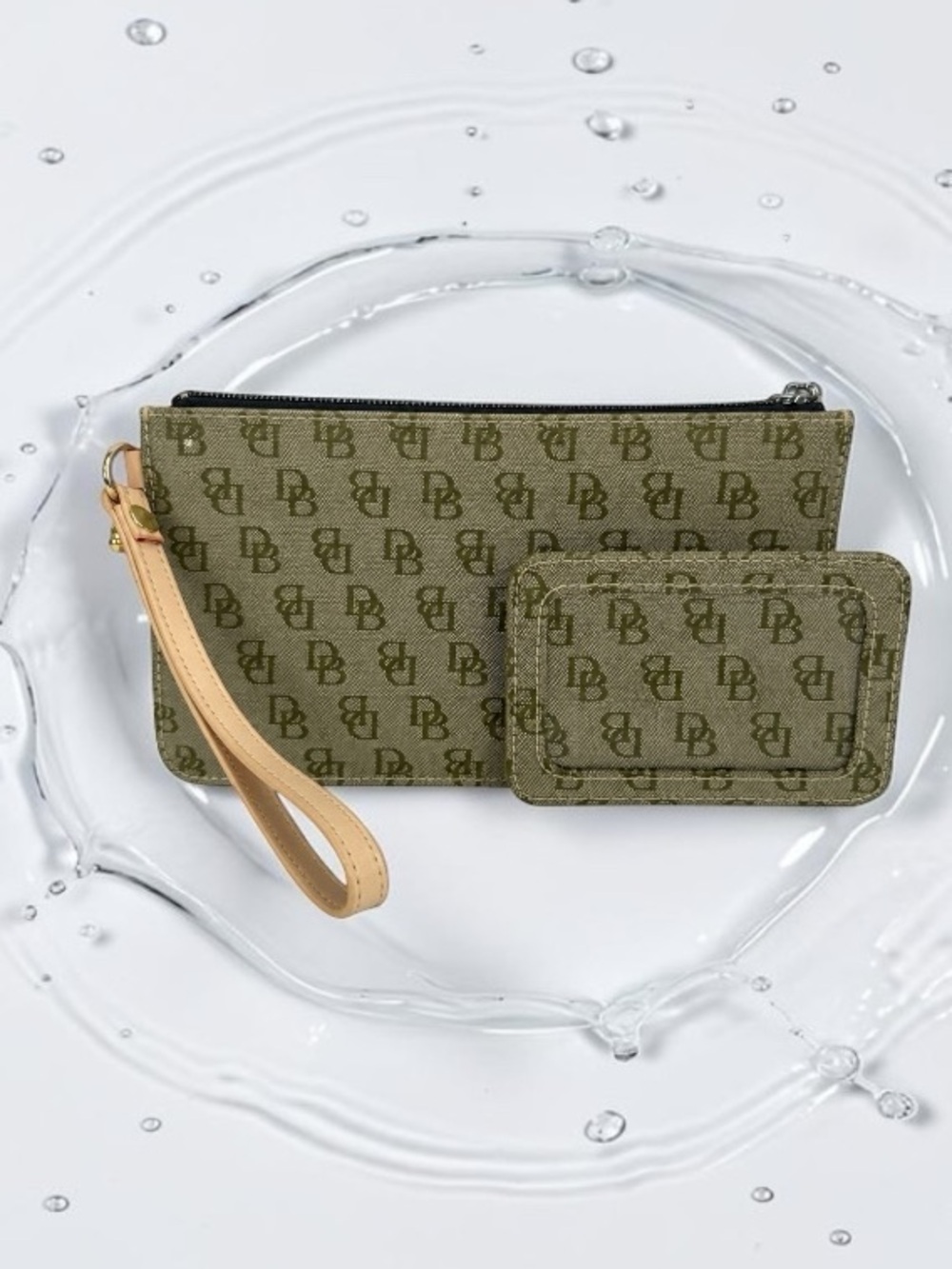 Dooney & Bourke Olive Green Monogram Wristlet with Tan Strap